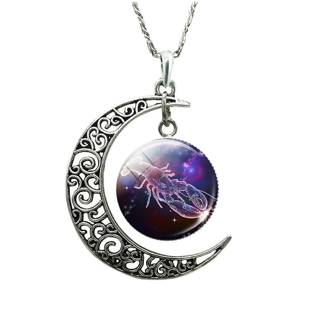 12 Constellation Moon Necklace Gifts Astrology Galaxy & Crescent Moon Glass Bead Pendant Necklace for Father's day Mom Present Women Her Girls